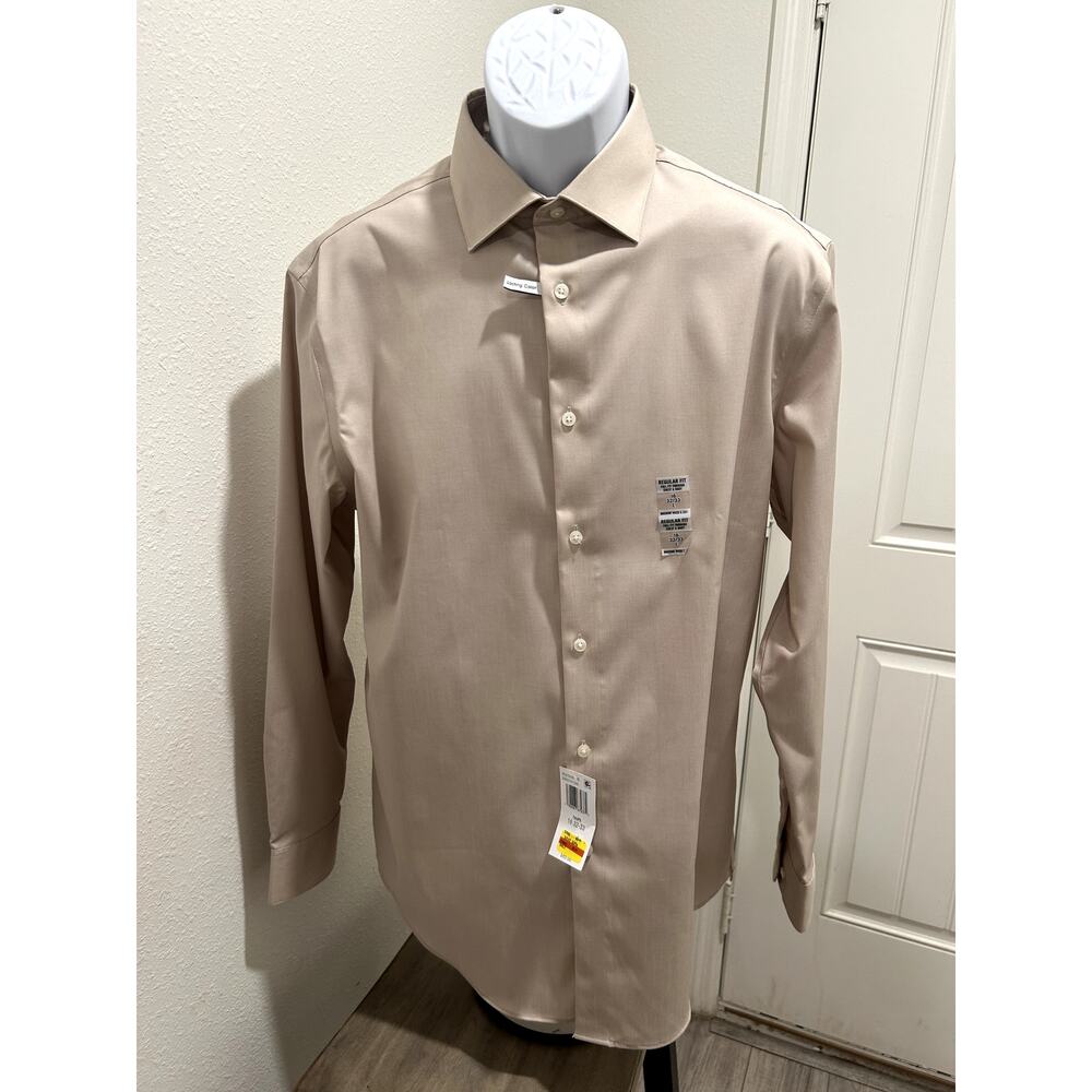 Calvin Klein Men Regular Fit Shirt Taupe Size Large Neck 16 Sleeve 32/33 Stretch